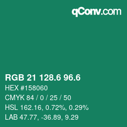カラーコード: RGB 21 128.6 96.6 | qconv.com