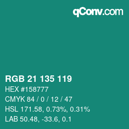 颜色代码: RGB 21 135 119 | qconv.com