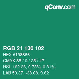 Color code: RGB 21 136 102 | qconv.com