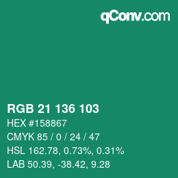 カラーコード: RGB 21 136 103 | qconv.com