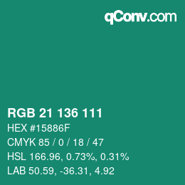 Color code: RGB 21 136 111 | qconv.com