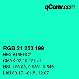 Color code: RGB 21 253 199 | qconv.com