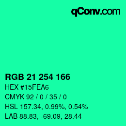 颜色代码: RGB 21 254 166 | qconv.com