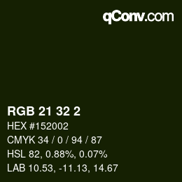 カラーコード: RGB 21 32 2 | qconv.com