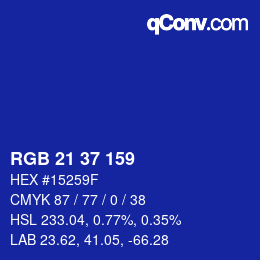 Color code: RGB 21 37 159 | qconv.com