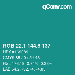 カラーコード: RGB 22.1 144.8 137 | qconv.com