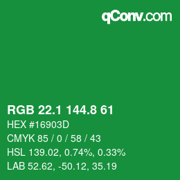 カラーコード: RGB 22.1 144.8 61 | qconv.com