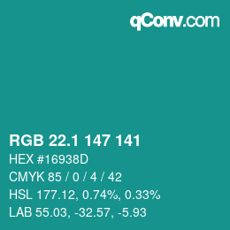 カラーコード: RGB 22.1 147 141 | qconv.com
