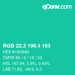 カラーコード: RGB 22.3 198.4 163 | qconv.com