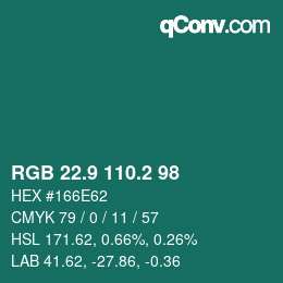 Color code: RGB 22.9 110.2 98 | qconv.com