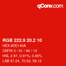 カラーコード: RGB 222.9 20.2 10 | qconv.com