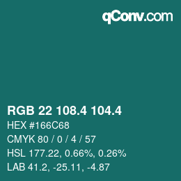 カラーコード: RGB 22 108.4 104.4 | qconv.com