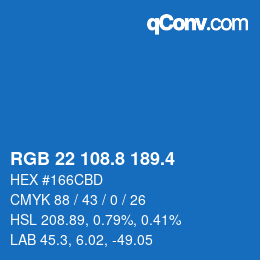 カラーコード: RGB 22 108.8 189.4 | qconv.com