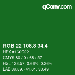 カラーコード: RGB 22 108.8 34.4 | qconv.com
