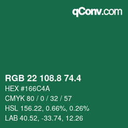 カラーコード: RGB 22 108.8 74.4 | qconv.com