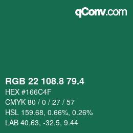 カラーコード: RGB 22 108.8 79.4 | qconv.com