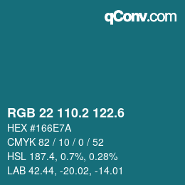 カラーコード: RGB 22 110.2 122.6 | qconv.com