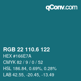 カラーコード: RGB 22 110.6 122 | qconv.com