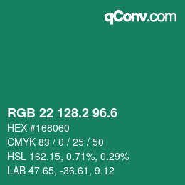 カラーコード: RGB 22 128.2 96.6 | qconv.com