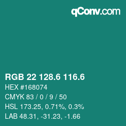 カラーコード: RGB 22 128.6 116.6 | qconv.com