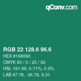 カラーコード: RGB 22 128.6 96.6 | qconv.com