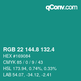 カラーコード: RGB 22 144.8 132.4 | qconv.com