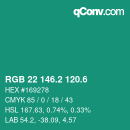 カラーコード: RGB 22 146.2 120.6 | qconv.com