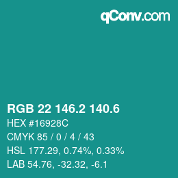 カラーコード: RGB 22 146.2 140.6 | qconv.com