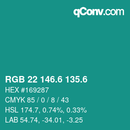 カラーコード: RGB 22 146.6 135.6 | qconv.com