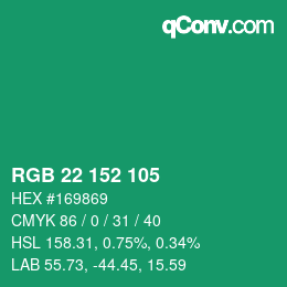 カラーコード: RGB 22 152 105 | qconv.com