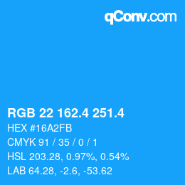 カラーコード: RGB 22 162.4 251.4 | qconv.com