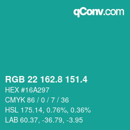 カラーコード: RGB 22 162.8 151.4 | qconv.com