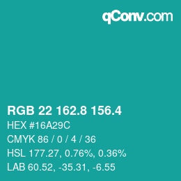 カラーコード: RGB 22 162.8 156.4 | qconv.com