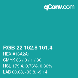 カラーコード: RGB 22 162.8 161.4 | qconv.com