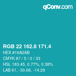 カラーコード: RGB 22 162.8 171.4 | qconv.com