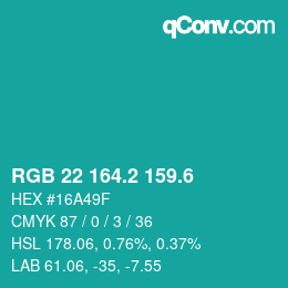 カラーコード: RGB 22 164.2 159.6 | qconv.com