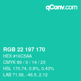 カラーコード: RGB 22 197 170 | qconv.com