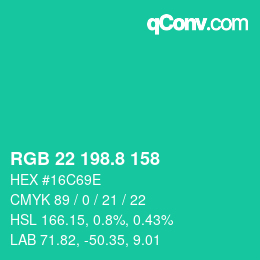 カラーコード: RGB 22 198.8 158 | qconv.com