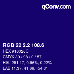 カラーコード: RGB 22 2.2 108.6 | qconv.com