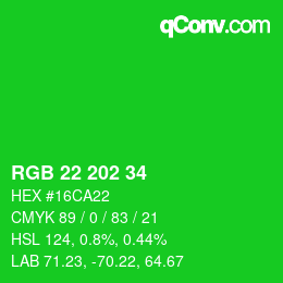 颜色代码: RGB 22 202 34 | qconv.com