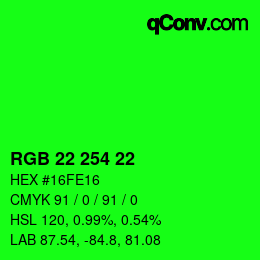 カラーコード: RGB 22 254 22 | qconv.com