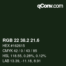 カラーコード: RGB 22 38.2 21.6 | qconv.com