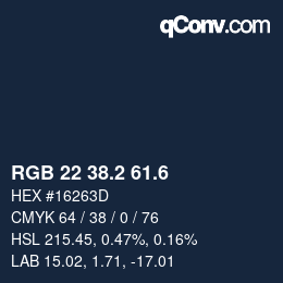 カラーコード: RGB 22 38.2 61.6 | qconv.com