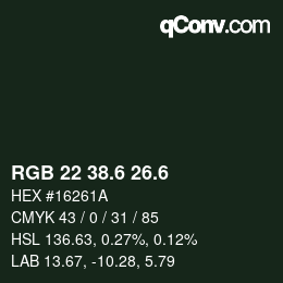 カラーコード: RGB 22 38.6 26.6 | qconv.com