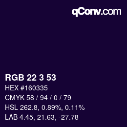Color code: RGB 22 3 53 | qconv.com