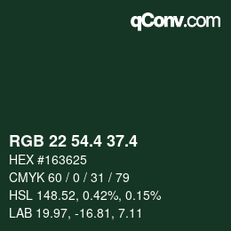 カラーコード: RGB 22 54.4 37.4 | qconv.com