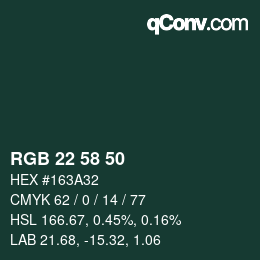 Farbcode: RGB 22 58 50 | qconv.com