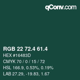 カラーコード: RGB 22 72.4 61.4 | qconv.com