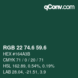 カラーコード: RGB 22 74.6 59.6 | qconv.com