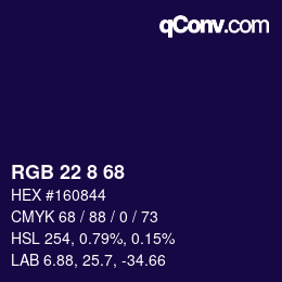 カラーコード: RGB 22 8 68 | qconv.com